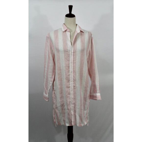 FRANK & EILEEN Sz S Small Pink White Stripe Hunter Linen Shirt Dress - Picture 2 of 10